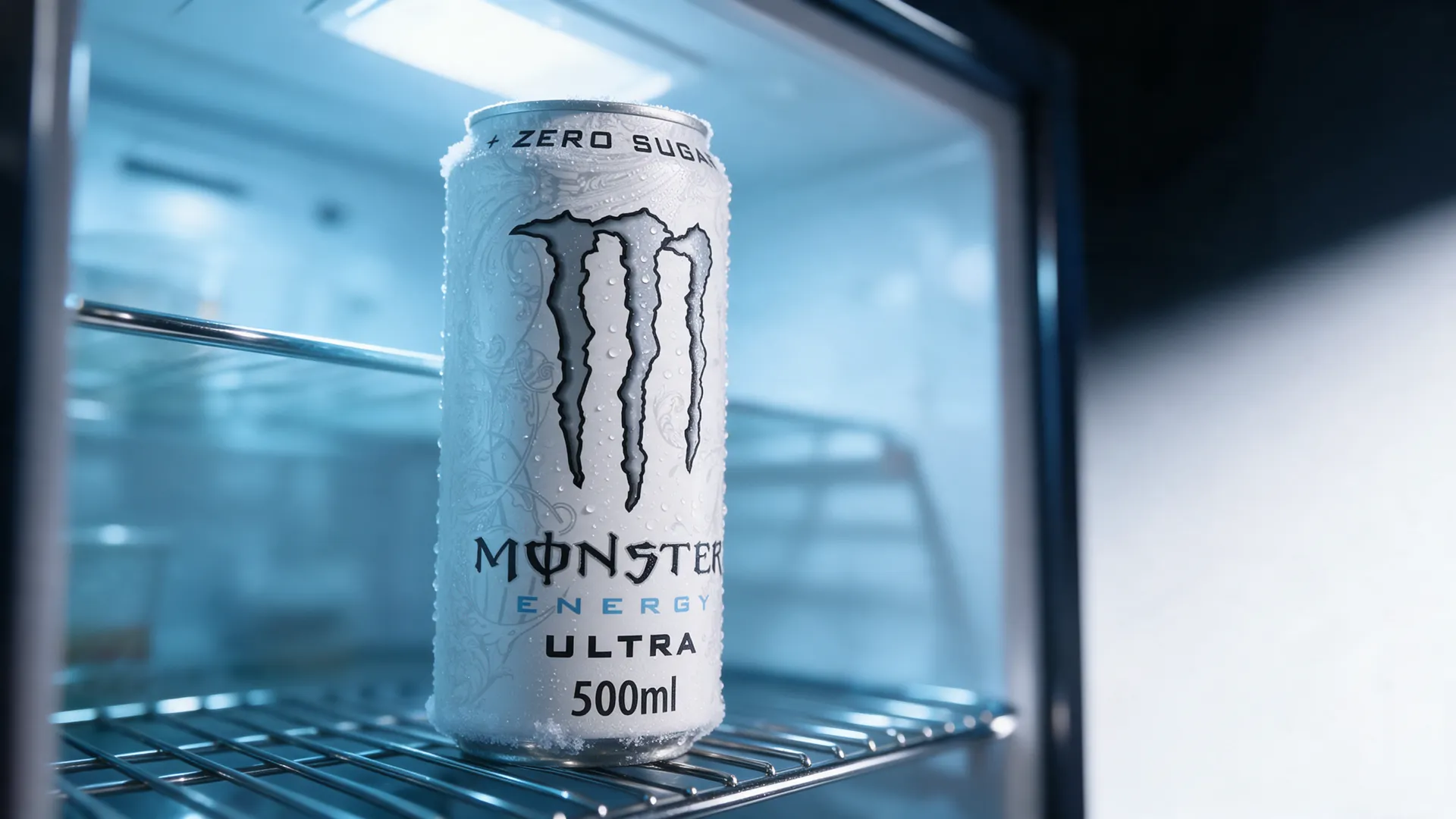 Canette Monster Energy Ultra White couverte de condensation sur une étagère de frigo