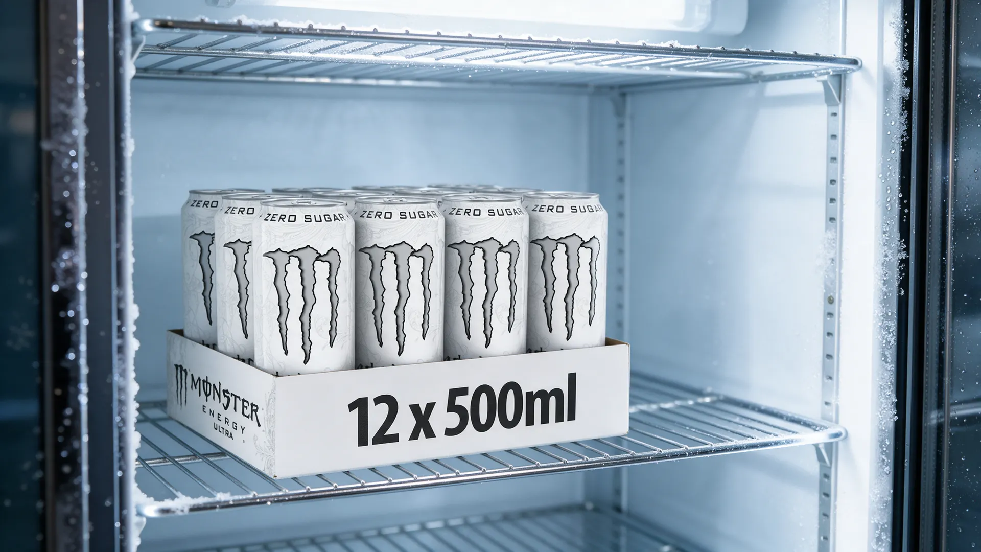 Plateau de 12 canettes Monster Energy Ultra White sur une étagère chromée de frigo