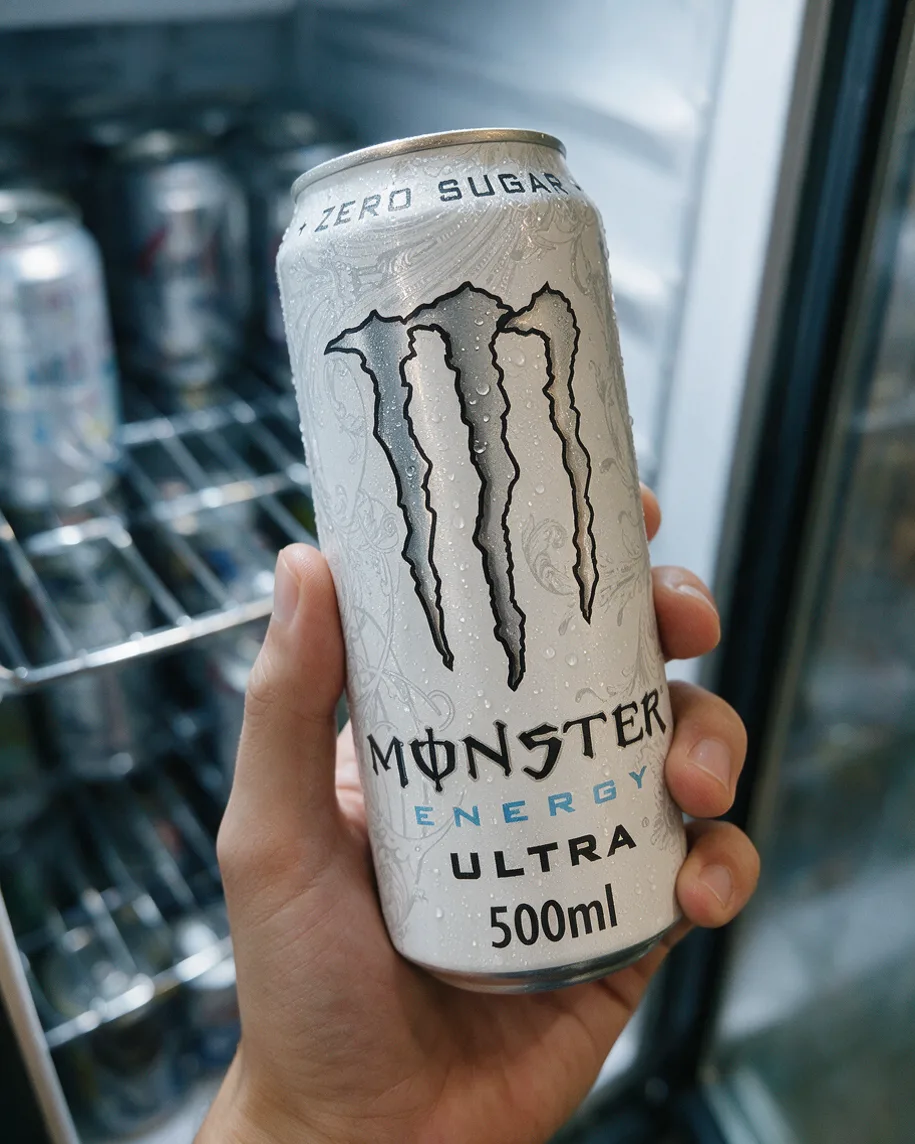 Une main sort une canette Monster Energy Ultra White du frigo
