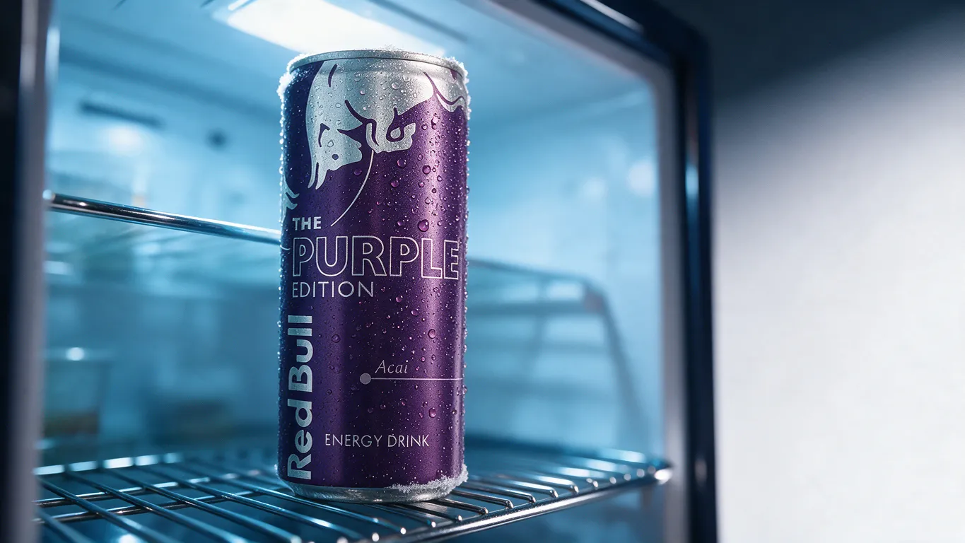 Canette Red Bull The Purple Edition couverte de condensation sur une étagère de frigo