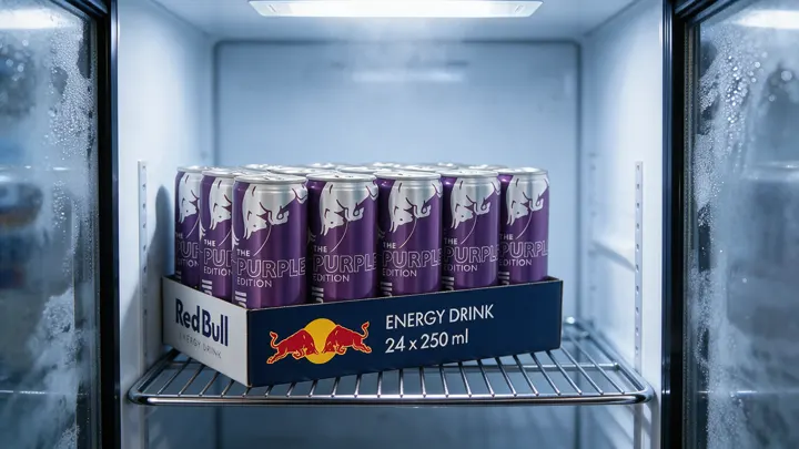 Plateau de 24 canettes Red Bull The Purple Edition dans le frigo